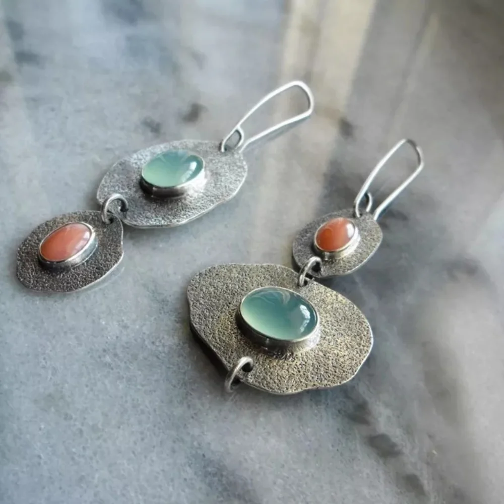 Geo Vintage Silver Metal Earrings Bohemian Dangle Ethnic Tribal - Picture 3 of 3